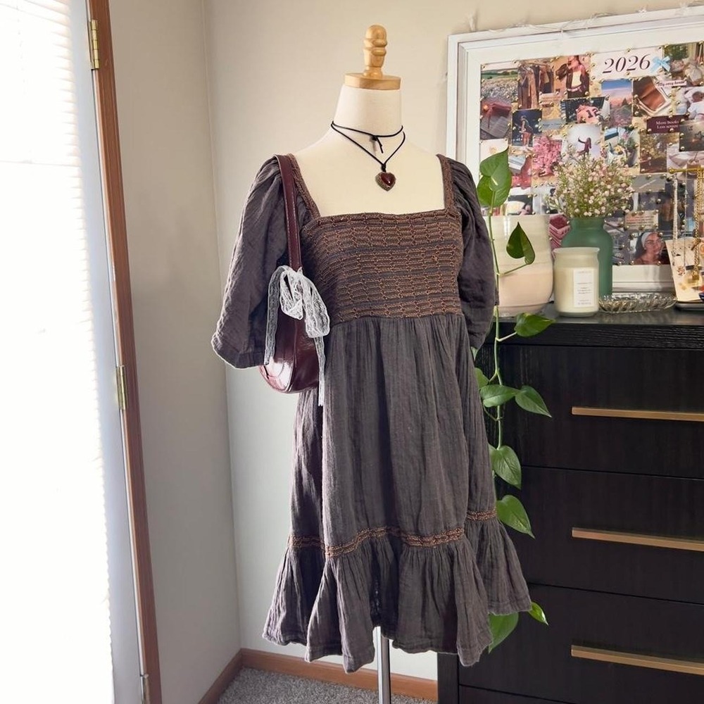 Free People Easy To Love Mini Dress Sz Large Boho Cottagecore 100% Cotton